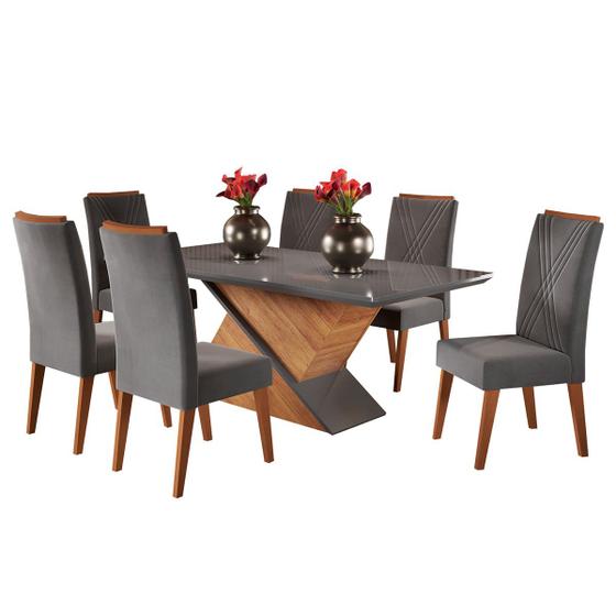 Imagem de Mesa de Jantar 6 Lugares Hanói com Vidro Mel/Cinza/Grafite - Panorama Móveis