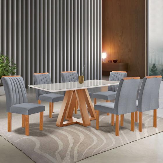 Imagem de Mesa de Jantar 6 Lugares Kyra/Arizona com Vidro Cinamomo/Off White/Suede Cinza - Cel Móveis