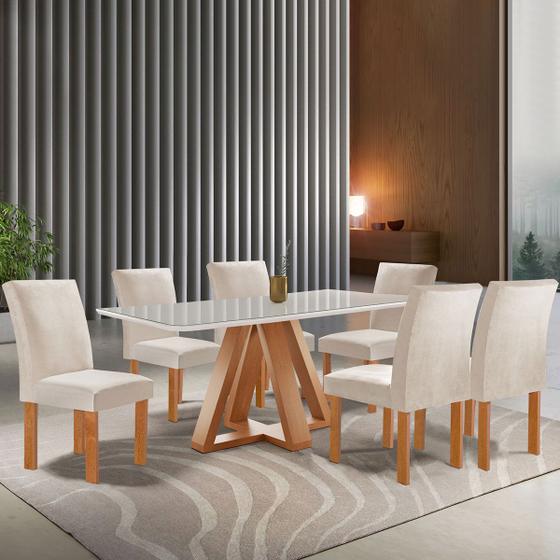 Imagem de Mesa de Jantar 6 Lugares Kyra/Canela com Vidro Cinamomo/Off White/Suede Bege - Cel Móveis