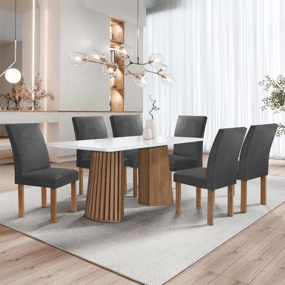 Imagem de Mesa de Jantar 6 Lugares Stella Canela com Vidro Ripado Chocolate/Off White/Boucle Cinza - Cel Móveis