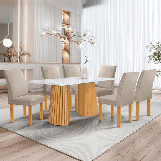 Imagem de Mesa de Jantar 6 Lugares Stella Canela com Vidro Ripado Cinamomo/Off White/Boucle Bege - Cel Móveis