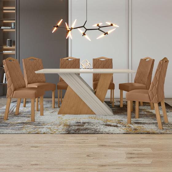 Imagem de Mesa de Jantar 6 Lugares Vênus 100% Mdf com Vidro Amêndoa Clean/Off White/material sintético Caramelo 77203.361 - Móveis Lopas