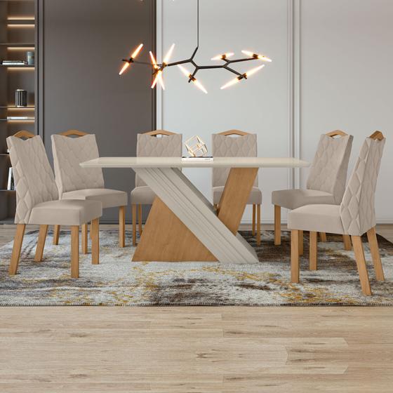 Imagem de Mesa de Jantar 6 Lugares Vênus com Vidro Amêndoa Clean/Off White/Veludo Naturale Creme - Móveis Lopas