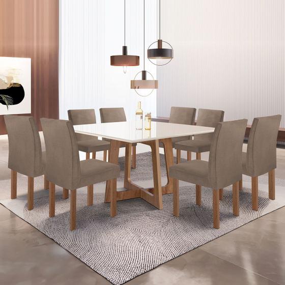 Imagem de Mesa de Jantar 8 Cadeiras Arizona Canela com Vidro Chocolate/Off White/Bege Escuro - Cel Móveis