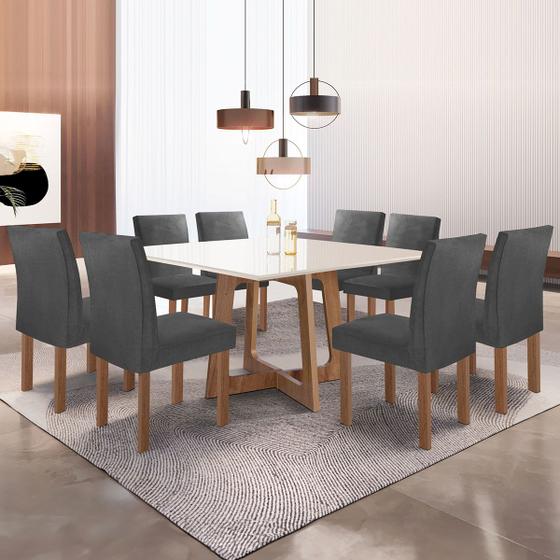 Imagem de Mesa de Jantar 8 Cadeiras Arizona Canela com Vidro Chocolate/Off White/Boucle Cinza - Cel Móveis