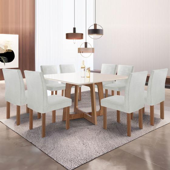 Imagem de Mesa de Jantar 8 Cadeiras Arizona Canela com Vidro Chocolate/Off White/Boucle Gelo - Cel Móveis
