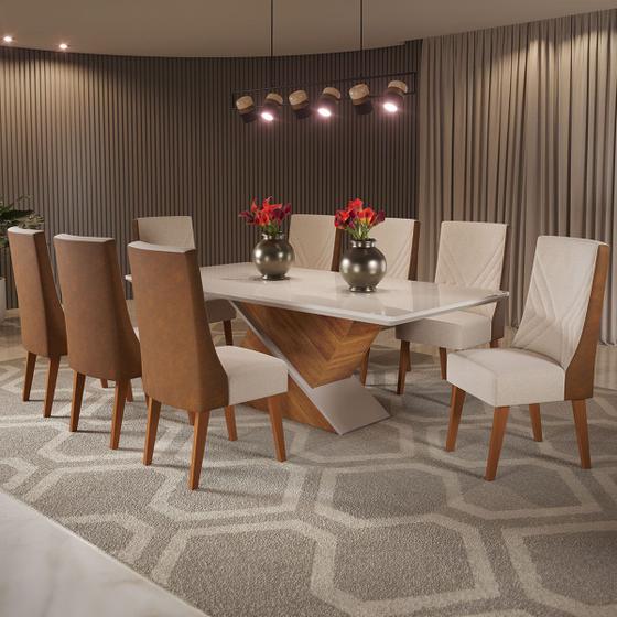 Imagem de Mesa de Jantar 8 Lugares Glamuor com Vidro Mel/Off White/Bronze - Pnr Móveis