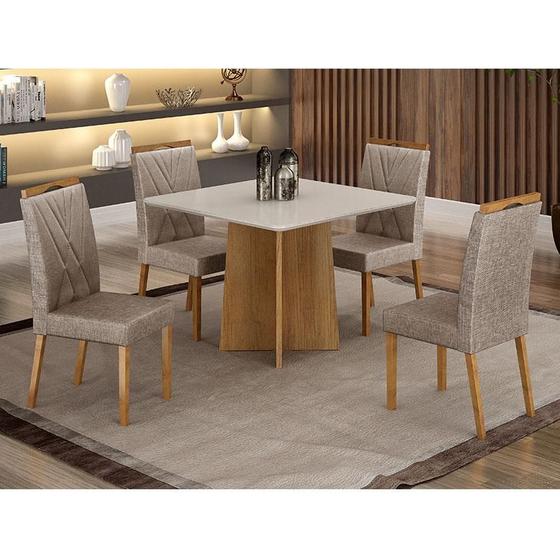 Imagem de Mesa de Jantar Ambiente Jade 90cm Cinamomo Off White com 4 Cadeiras Lara Linho Bege - Valdemóveis