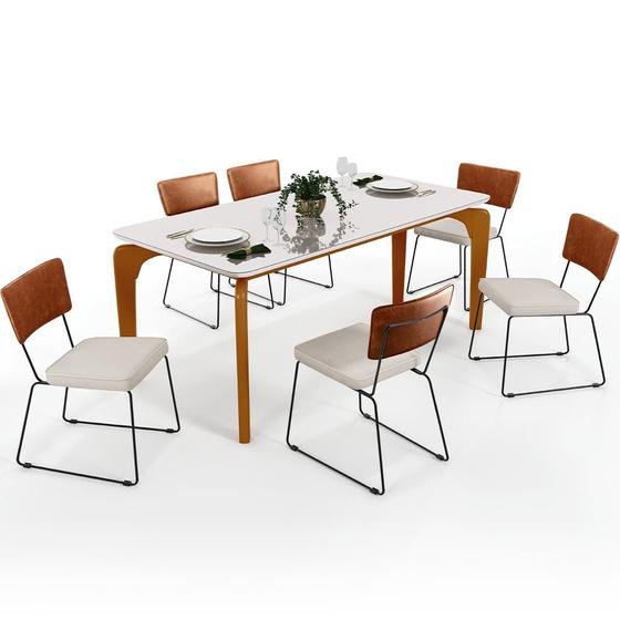 Imagem de Mesa De Jantar Capri 160 Off White Com 6 Cadeiras Allana B05 Sintético Camel Linho Cru - Lyam Decor