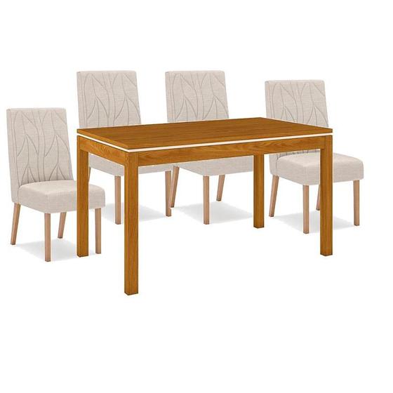 Imagem de Mesa de Jantar Chan 140 cm Tampo Reto Nature Off White com 4 Cadeiras Eloá Nature Linho   Henn