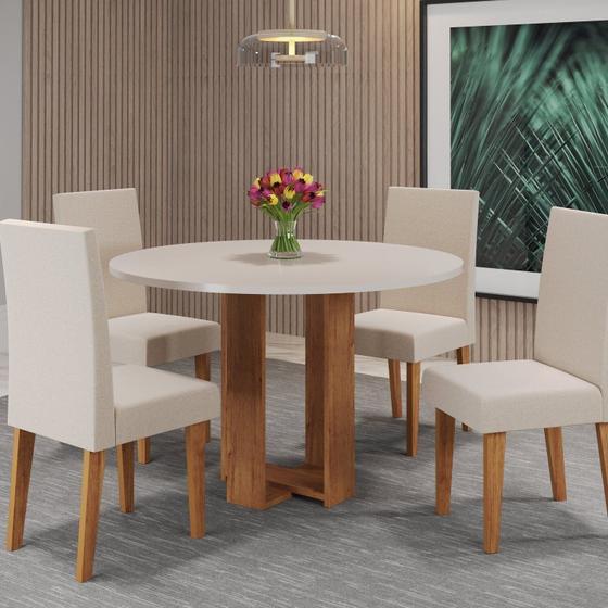 Mesa de Jantar Chiara Redonda 90x90cm com 4 Cadeiras Venus Mel/Off White