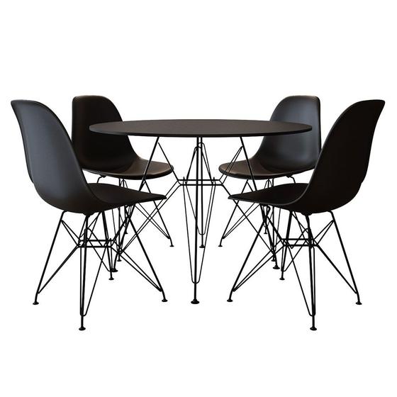 Imagem de Mesa de Jantar com 4 Cadeiras Eames Eiffel Tampo Redondo Preto 90cm Base de Ferro Preto
