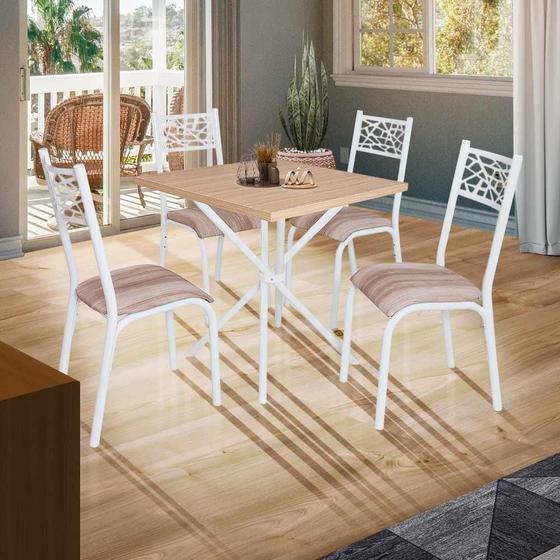 Imagem de Mesa de Jantar com 4 Cadeiras em Aço Branco Carvalho com Estofado Capuccino Nitan Jm Móveis