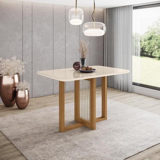 Imagem de Mesa de Jantar Com Tampo MDF e Vidro com Canto Arredondado 120 Cm Natalí Henn