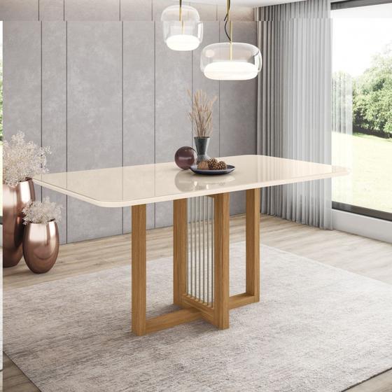Imagem de Mesa de Jantar Com Tampo MDF e Vidro com Canto Arredondado 160 Cm Natalí Henn