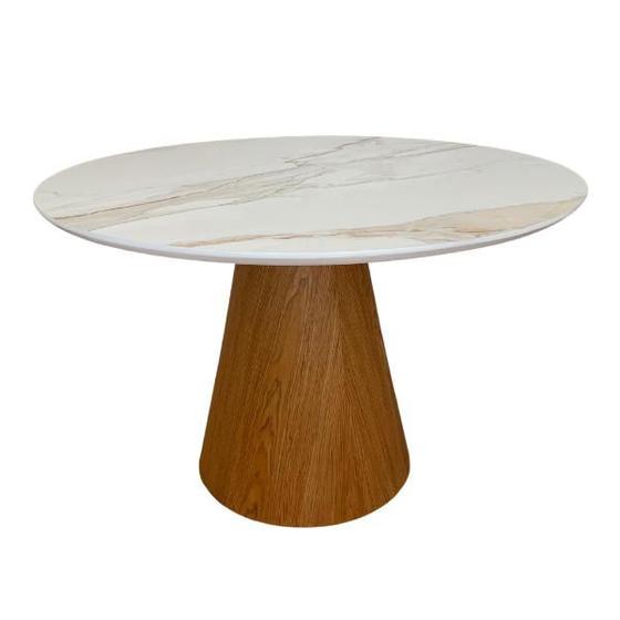 Imagem de Mesa de Jantar Cone 100 cm Tampo Cerâmica Esmaltada Calacatta Base Freijó