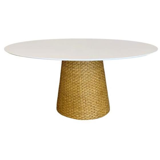 Imagem de Mesa De Jantar Cone Oval 120x80 cm Tampo Laca Branca Base Fibra Natural