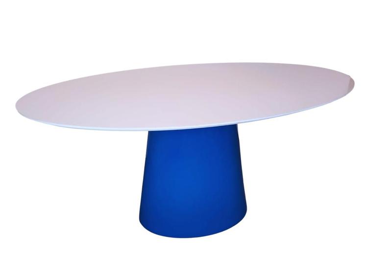 Imagem de Mesa de Jantar Cone Oval 235x122cm Base Azul Tampo Laca Branca