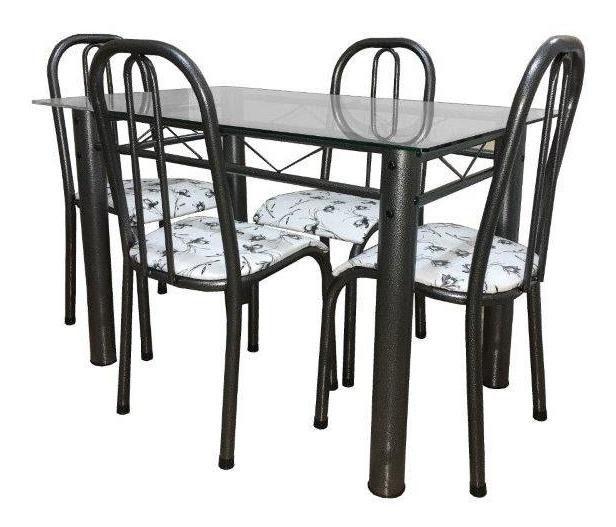 Imagem de Mesa De Jantar cozinha Com 4 Cadeiras Munique tampo de vidro 8mm Retangular 1.20m em Aço Cor Craqueada cinza campeã de vendas
