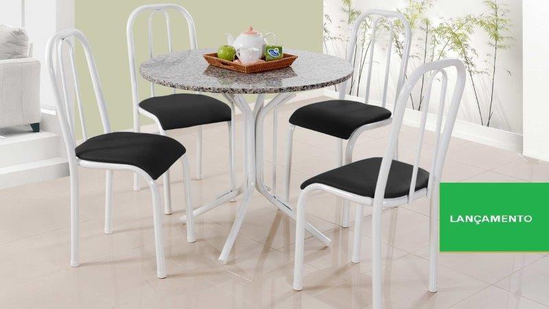 Imagem de Mesa de Jantar cozinha com 4 Cadeiras tampo Granito 90cm redonda Monak em aço Branca