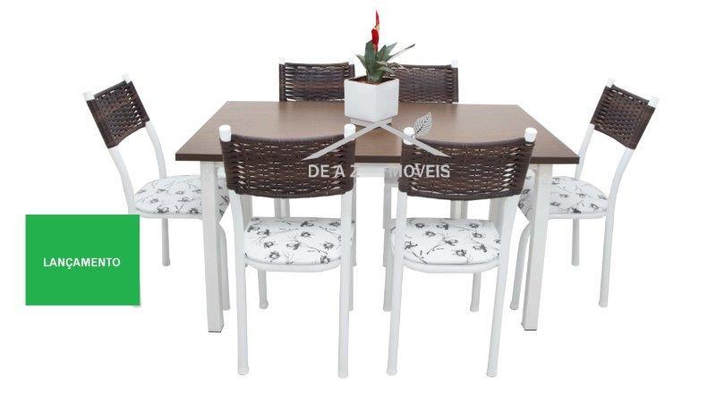 Imagem de Mesa de Jantar cozinha com 6 Cadeiras junco sintético modelo Lisboa Tampo MDF aço Branca oferta