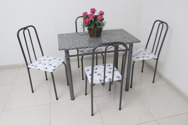 Imagem de Mesa de Jantar de cozinha com 4 Cadeiras tampo Granito verdadeiro M-RI 1.00m em aço cor Craqueada POP assento Flores branco