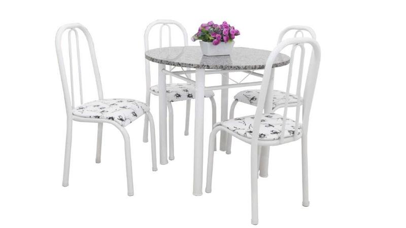 Imagem de Mesa de Jantar de cozinha com 4 Cadeiras tampo redonda Granito verdadeiro M-RI 90cm em aço cor Branca ASSENTOS FLORAL BRANCO