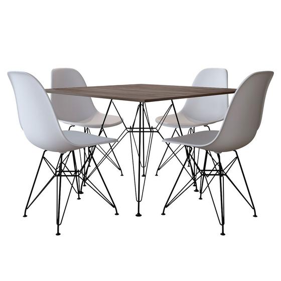 Imagem de Mesa de Jantar Eames Eiffel 90cm Amêndoa Quadrada com 4 Cadeiras Brancas Base de Ferro Preto