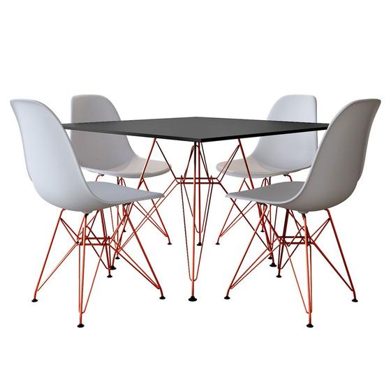 Imagem de Mesa de Jantar Eames Eiffel Quadrada Preta 90cm com 4 Cadeiras Brancas Base Ferro Cobre