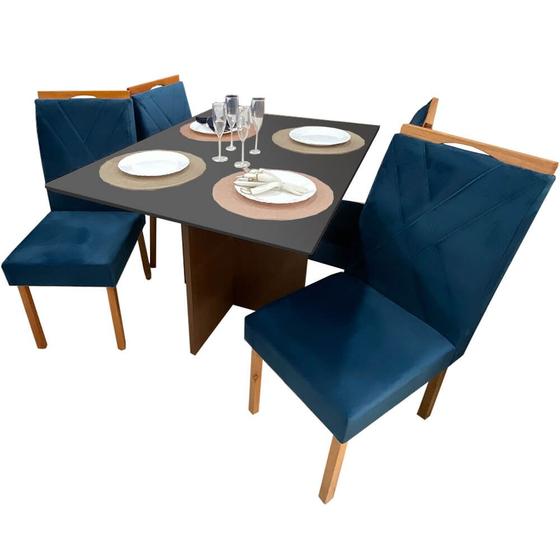 Imagem de Mesa de Jantar Helo 120x90cm em Linho com 4 Cadeiras California Poliman Cor Mel Grafite com Assento Azul