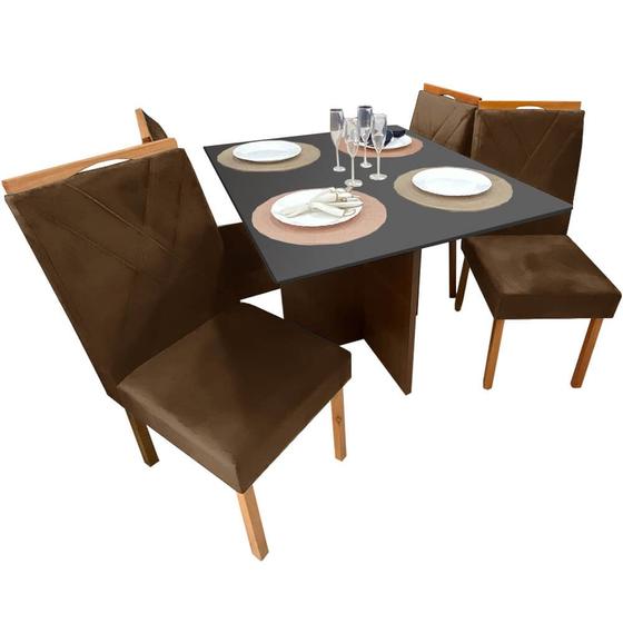 Imagem de Mesa de Jantar Helo 90x90cm em Linho com 4 Cadeiras California Poliman Cor Mel Grafite com Assento Marrom