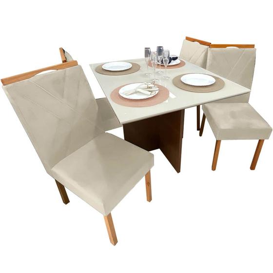 Imagem de Mesa de Jantar Helo 90x90cm em Linho com 4 Cadeiras California Poliman Cor Mel Off White com Assento Bege