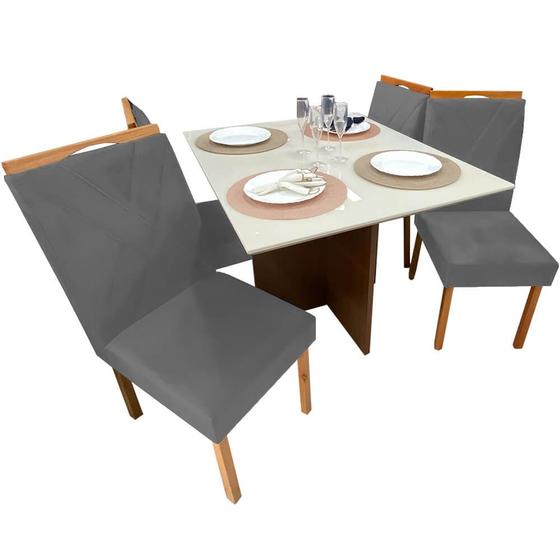 Imagem de Mesa de Jantar Helo 90x90cm em Linho com 4 Cadeiras California Poliman Cor Mel Off White com Assento Grafite