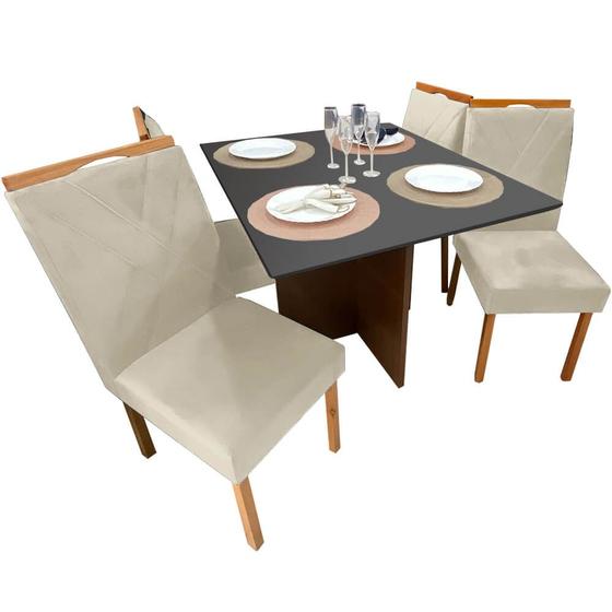 Imagem de Mesa de Jantar Helo 90x90cm em Veludo com 4 Cadeiras California Poliman Cor Mel Grafite com Assento Bege