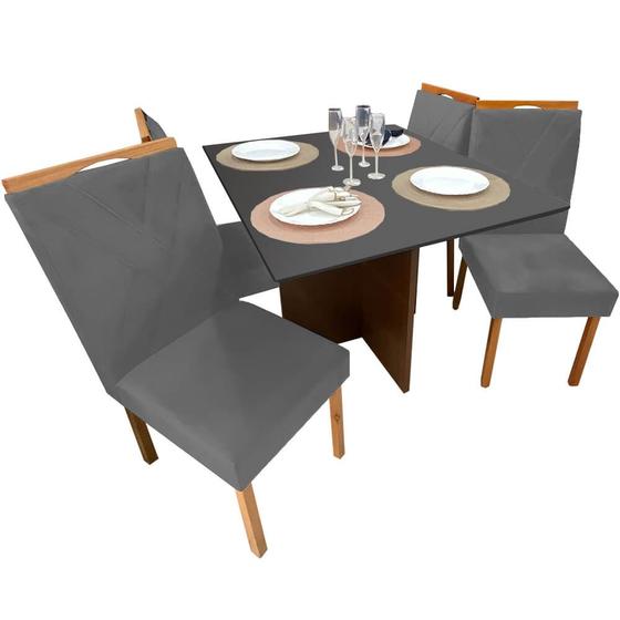 Imagem de Mesa de Jantar Helo 90x90cm em Veludo com 4 Cadeiras California Poliman Cor Mel Grafite com Assento Grafite