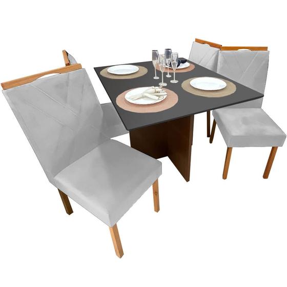 Imagem de Mesa de Jantar Helo 90x90cm em Veludo com 4 Cadeiras California Poliman Cor Mel Grafite com Assento Prata