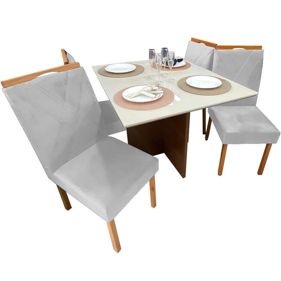 Imagem de Mesa de Jantar Helo 90x90cm em Veludo com 4 Cadeiras California Poliman Cor Mel Off White com Assento Prata