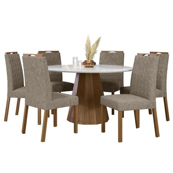 Imagem de Mesa de jantar Isis 135x135 cm com Vidro Ype Off White e 6 Cadeiras Mariana Camurça Marrom  New Ceval