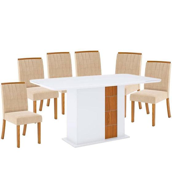 Imagem de Mesa de Jantar Jein 160 cm Tampo Arredondado com Vidro Branco HP Nature Flex e 6 Cadeiras Méri Linho  Henn