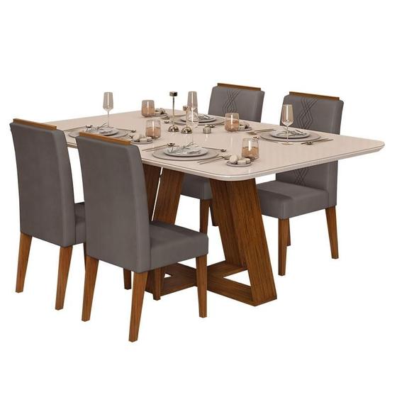 Imagem de Mesa de Jantar Kiara Freijó Off White com 4 Cadeiras Yasmin Freijó Veludo Lunar - Dj Móveis