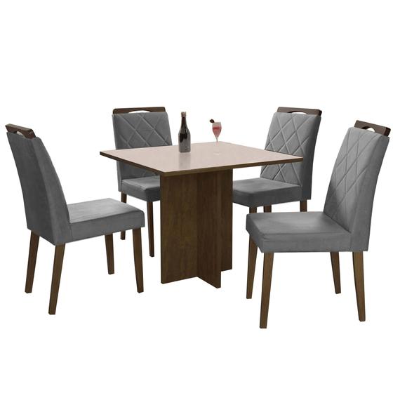 Imagem de Mesa de Jantar Los Angeles 120x80cm com 4 Cadeiras Minas Plac Cor Canela Off White com Tecido Cinza
