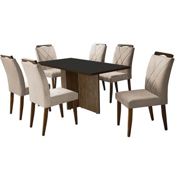 Imagem de Mesa de Jantar Los Angeles 160x80cm em Veludo com 6 Cadeiras California Minas Plac Cor Canela Grafite com Tecido Bege