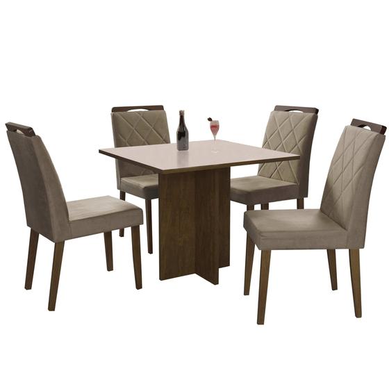 Imagem de Mesa de Jantar Los Angeles 90x90cm com 4 Cadeiras Minas Plac Cor Canela Off White com Tecido Bege