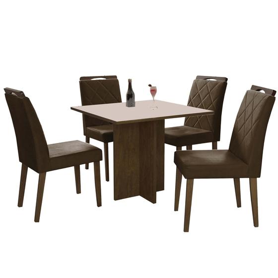 Imagem de Mesa de Jantar Los Angeles 90x90cm com 4 Cadeiras Minas Plac Cor Canela Off White com Tecido Marrom