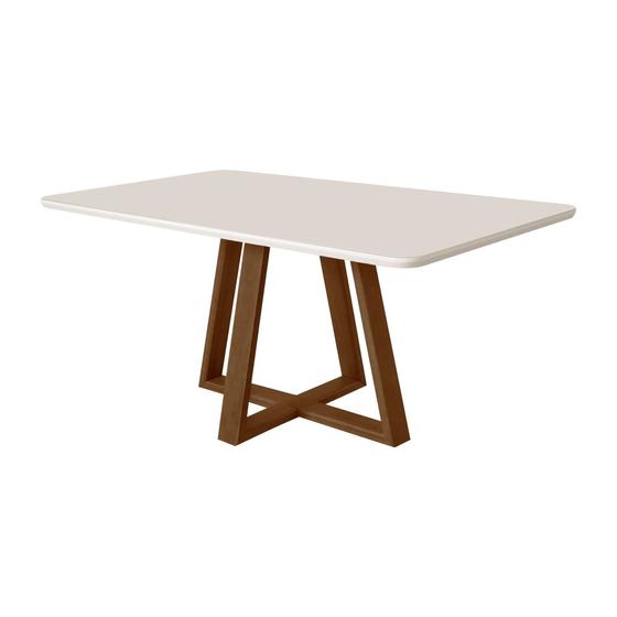 Imagem de Mesa de Jantar Luxo 160x90 Tampo Mdf/vidro para 6 Lugares Pés Madeira Maciça Pérola - Imbuia/off Whi