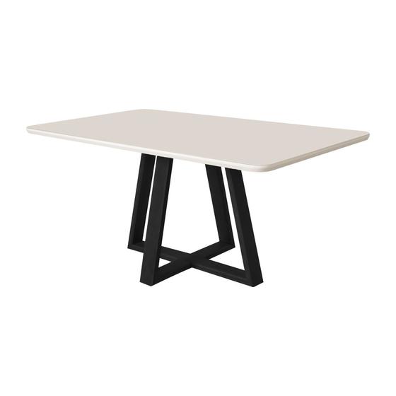 Imagem de Mesa de Jantar Luxo 160x90 Tampo Mdf/vidro para 6 Lugares Pés Madeira Maciça Pérola - Preto/off Whit