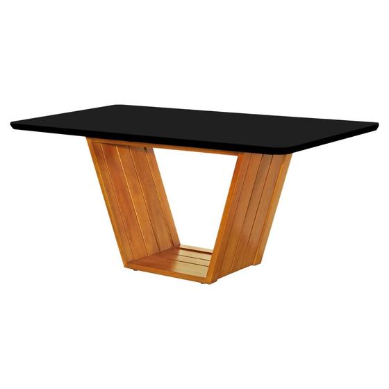 Imagem de Mesa de Jantar Luxo Retangular 160x90 Mdf/vidro para 6 Lugares Pés Madeira Maciça Safira - Mel/preto