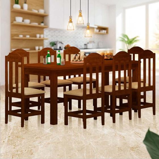 Imagem de Mesa De Jantar Madeira Maciça 8 Lugares Estofados Safira Castanho Shop JM