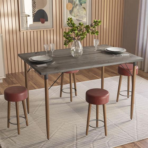 Imagem de Mesa de Jantar Madri Ebano e 4 Bancos Paris Pés Natural Tecido Sintético Telha Salaone