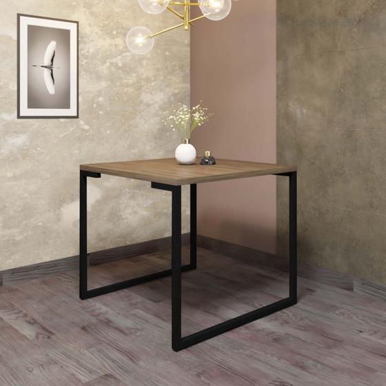 Imagem de Mesa de Jantar Office Stan Industrial 4 lugares Quadrada 90 cm Ferro Preto Tampo 100% MDF Marrom - Ahazzo Móveis